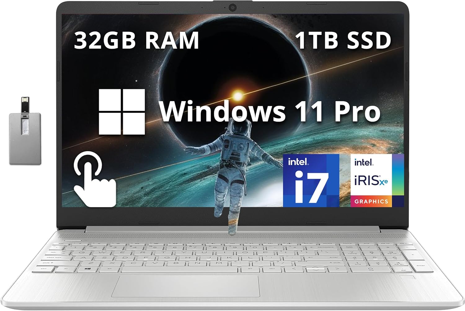 HP 15.6" FHD Touchscreen Business Laptop, Intel i7-1255U, 32GB RAM, 1TB PCIe SSD, Intel Iris Xe Graphics, Num Pad, Webcam, Windows 11 Pro, Natural Silver, 32GB Hotface USB Card