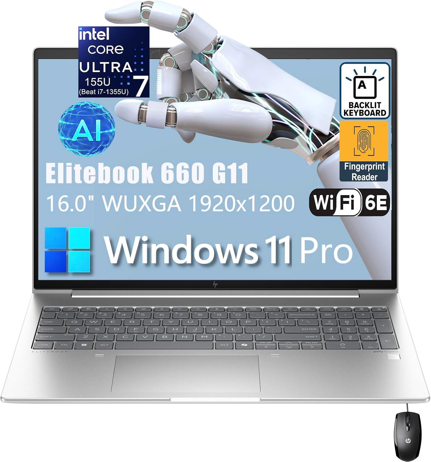 HP Elitebook 660 G11 16" FHD+ Business Copilot AI Laptop Computer, Intel Ultra 7 155U (Beat i7-1355U), 64GB DDR5 RAM, 2TB PCIe SSD, WiFi 6E, Backlit KB, Fingerprint Reader, Windows 11 Pro, AZ-XUT 