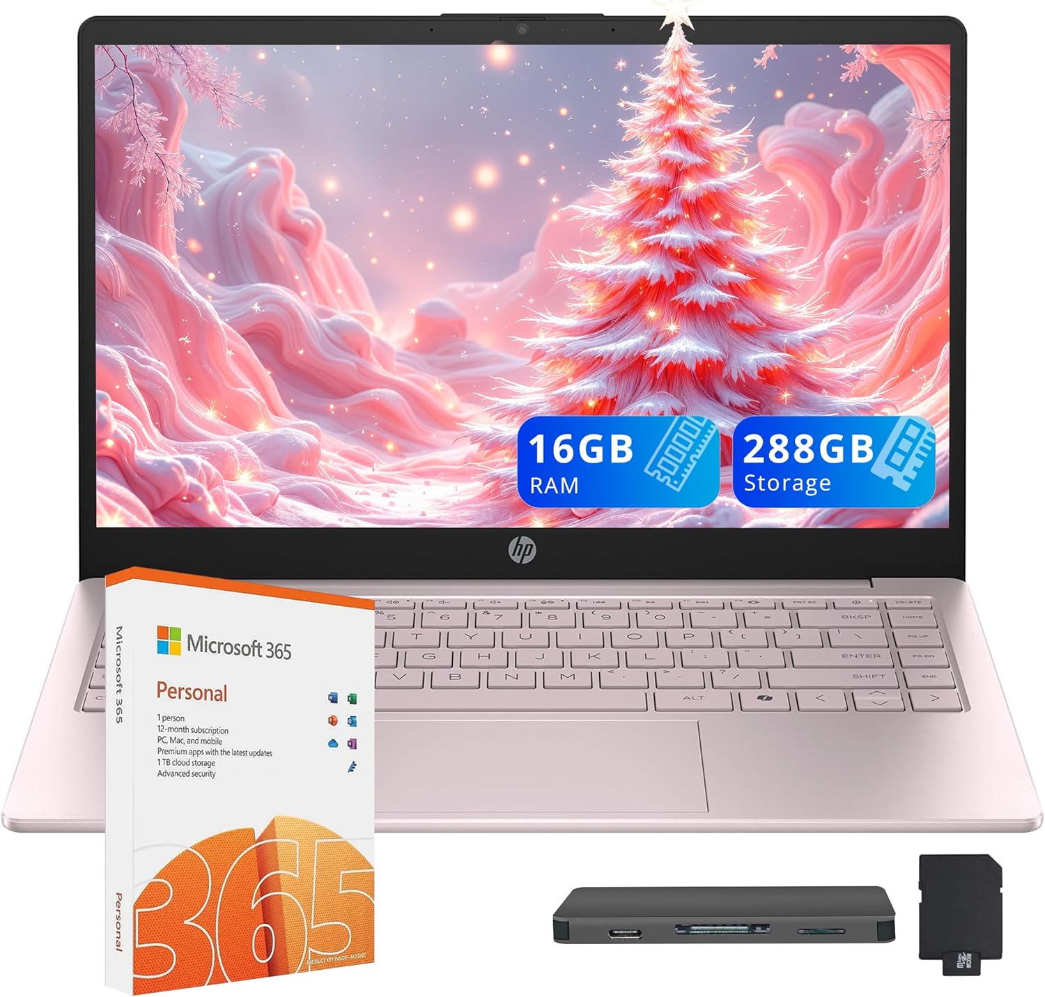 HP Flagship 14" HD Student&Business Laptop, Intel N150 CPU(Beats i3-1115G4), 16GB RAM, 288GB Storage (128GB UFS + 160GB Docking Set), W/1 Year Office 365&AI-Copilot, Webcam, Bluetooth, Win 11s, Pink