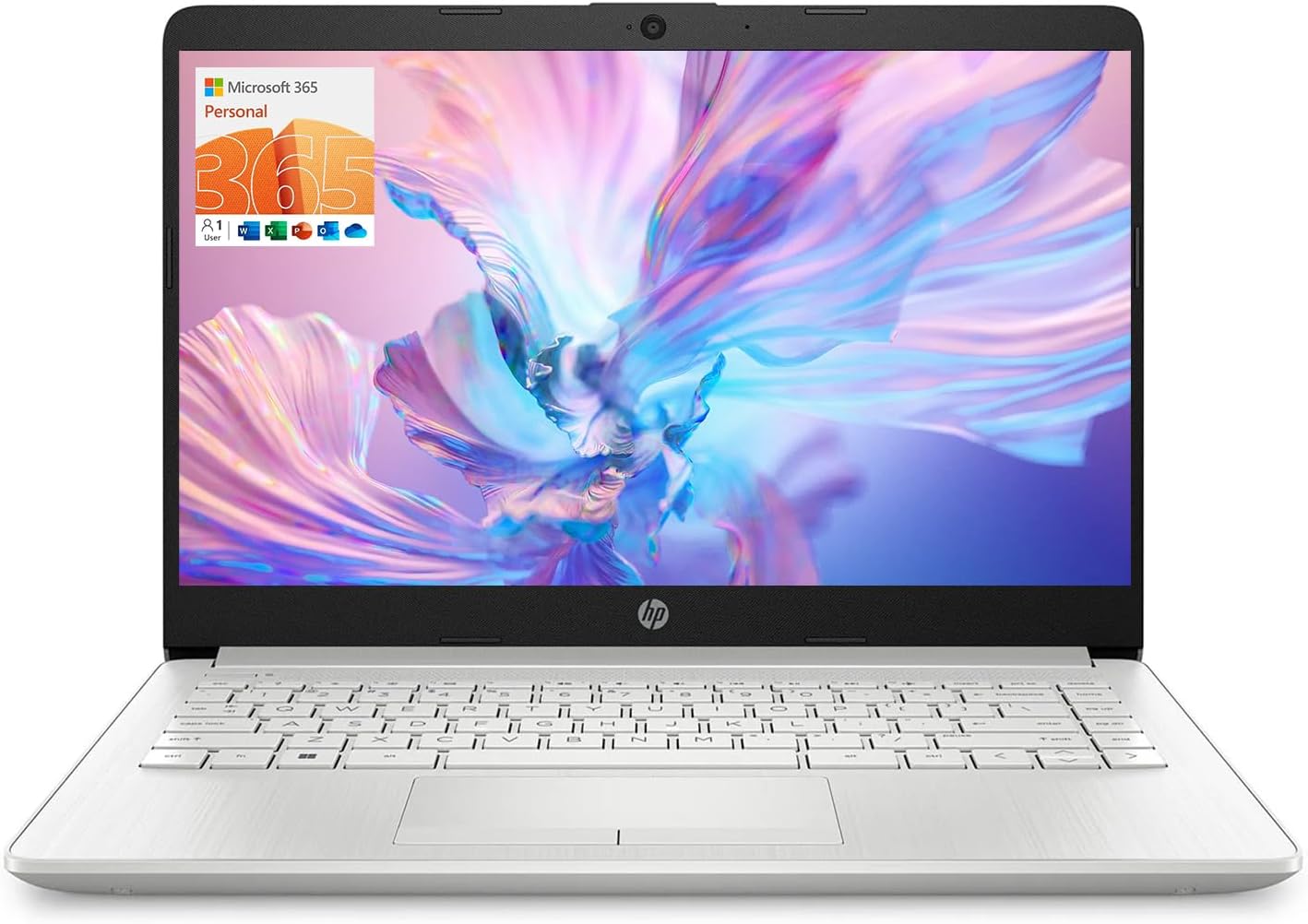 HP Portable Laptop, Student and Business, 14" HD Display, Intel Quad-Core N4120, 16GB DDR4 RAM, 64GB eMMC, 1 Year Office 365, Webcam, RJ-45, HDMI, Wi-Fi, Windows 11 Home, Silver 