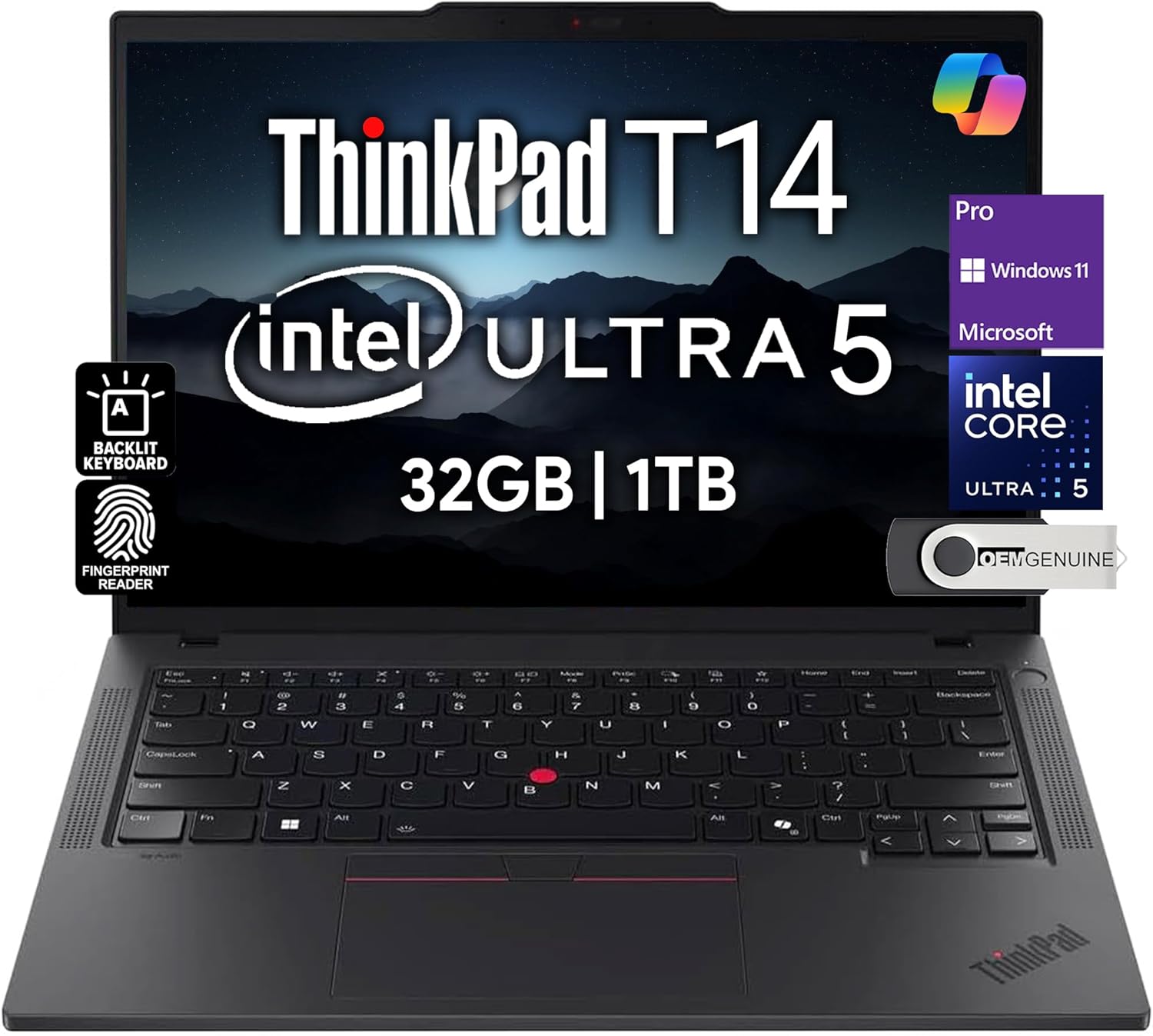 Lenovo ThinkPad T14 Gen 5 Business Laptop 14" FHD+ IPS, Intel Ultra 5 125U, 32GB DDR5 RAM, 1TB SSD, 5MP HD Webcam, Fingerprint, Backlit, Wi-Fi 6E, 2 Thunderbolt 4, AI PC, W11P, 3 Yr Wty 