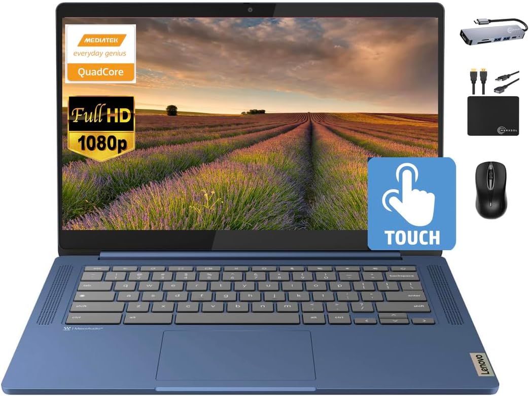 Lenovo Chromebook 14" Touchscreen Slim Laptop Business Student, 8-Core MediaTek Kompanio 520, 4GB RAM, 128GB Storage (64GB eMMC+64GB Card), WiFi 6, Long Battery, Chrome OS+MarxsolAccessory 