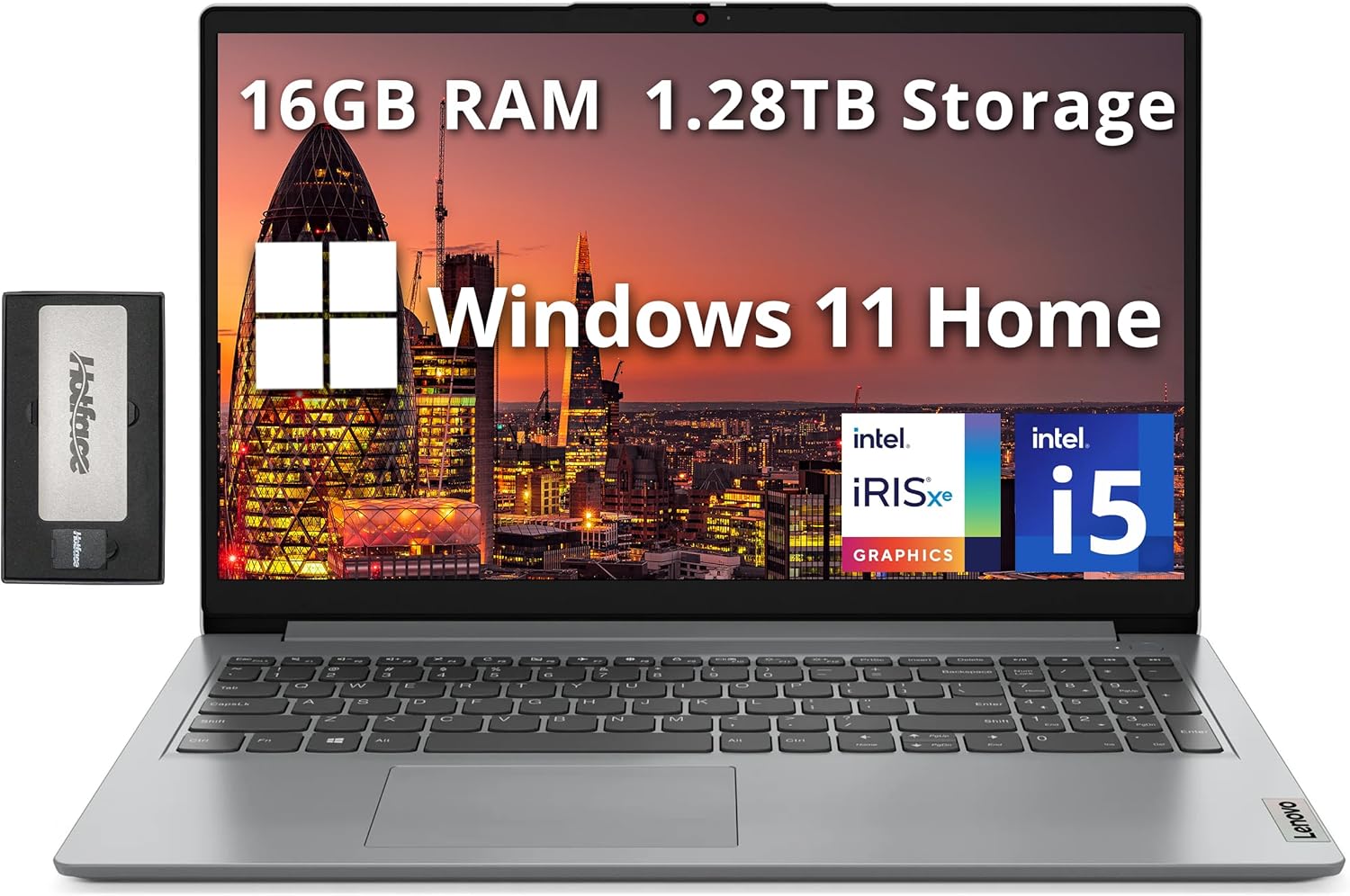 Lenovo IdeaPad 1i 15.6" FHD Business Laptop, Intel i5-1235U, 16GB RAM, 1.28TB Storage (1TB SSD+288GB Docking Station Set), Intel Iris Xe Graphics, Number Pad, HD Camera, WiFi 6, Win 11 Home, Gray