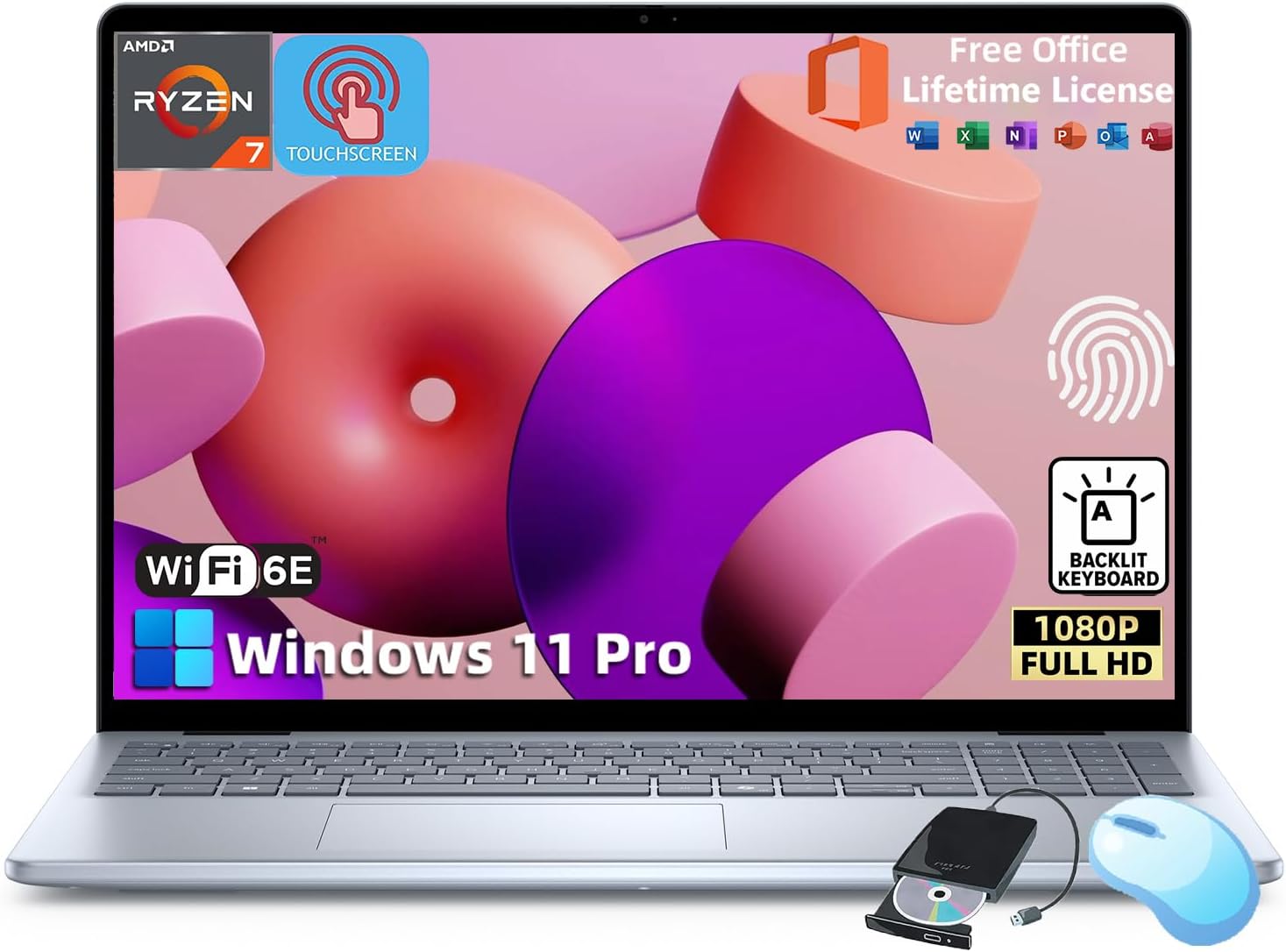 Dell Inspiron-16 Touchscreen Business Laptop - w/Office 2024 Lifetime • 16-inch FHD+ Display • AMD Ryzen 7-8840U • Backlit KB • Fingerprint • Win 11 Pro & External DVD Drive (32GB DDR5 RAM | 1TB SSD) 