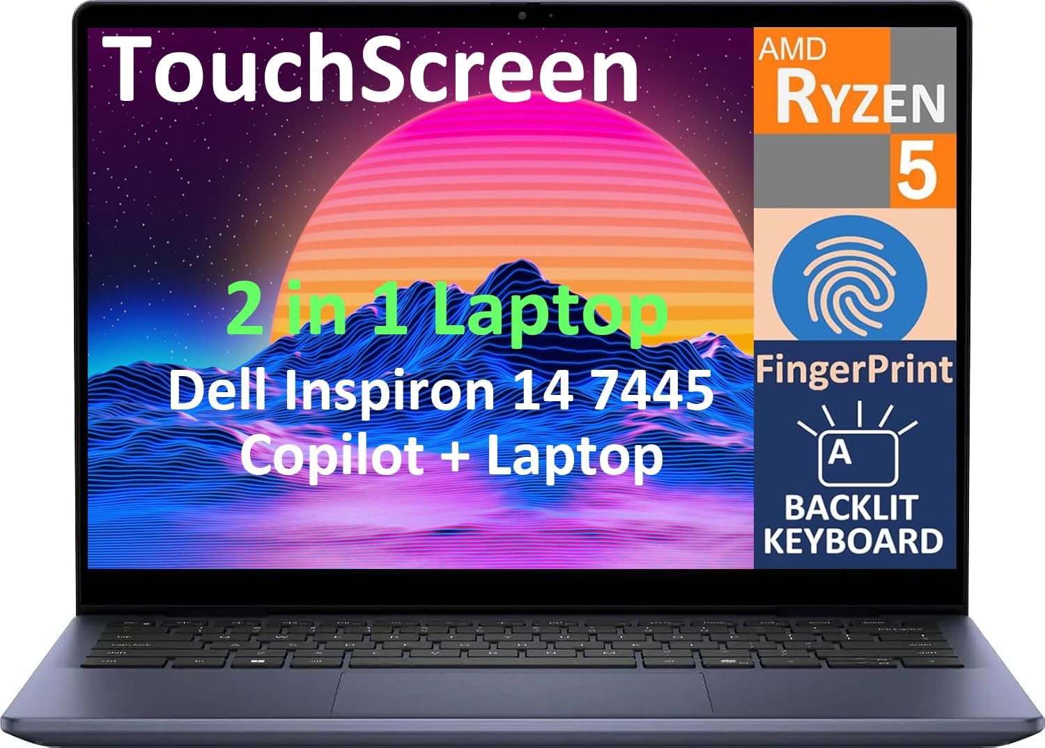 Dell 2025 Inspiron 14 7445 2-in-1 Business Laptop, 14.0" Touchscreen IPS FHD+ Display (AMD Ryzen 5 8640HS, 8GB DDR5, 512GB SSD, AI Copilot, Backlit KYB, Fingerprint, WiFi 6E, BT 5.3, Win 11 Home)