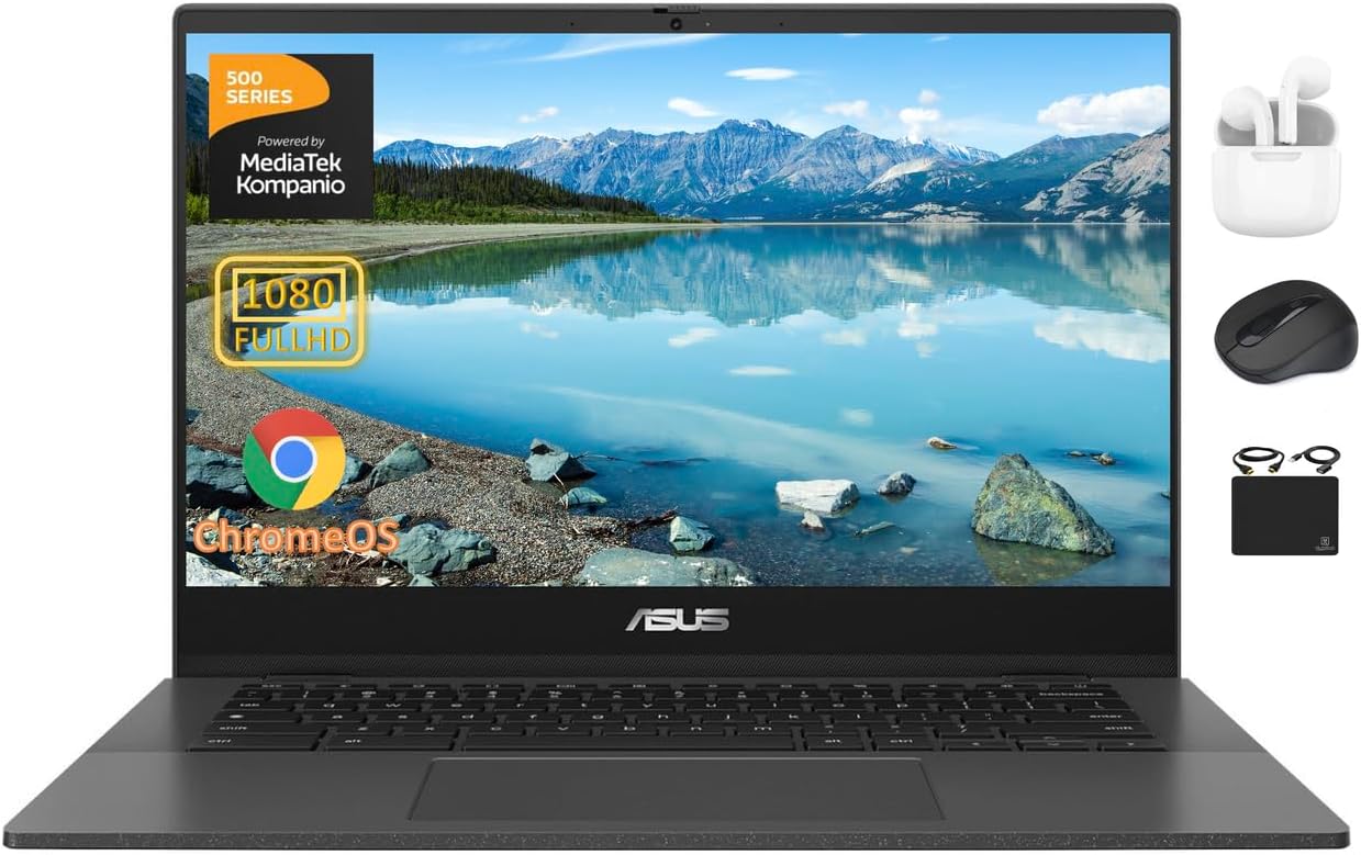ASUS Chromebook Laptop Student Business 2024, 14" FHD Anti-Glare Display, 8-Core MediaTek Kompanio 520, 4GB RAM, 128GB (64GB eMMC+64GB Card), Webcam, WiFi, 15+ Hrs Battery, Chrome OS +HubxcelAccessory