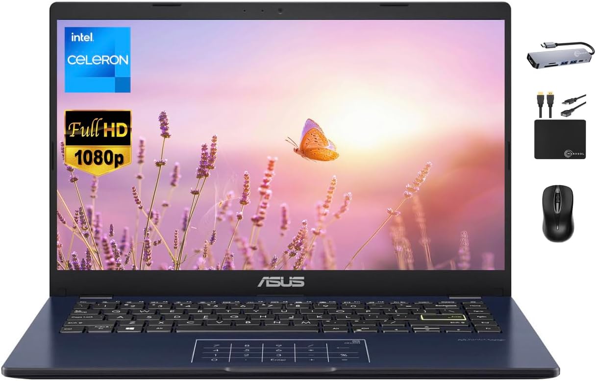 ASUS Vivobook Ultrathin Go Laptop 2024Newest, 14'' FHD Display, Dual-Core Intel Celeron N4500 (Upto 2.80GHz), 4GB RAM, 128GB (64GB eMMC+64GB SD), Webcam, Long Battery, Windows 11S +MarxsolAccessory