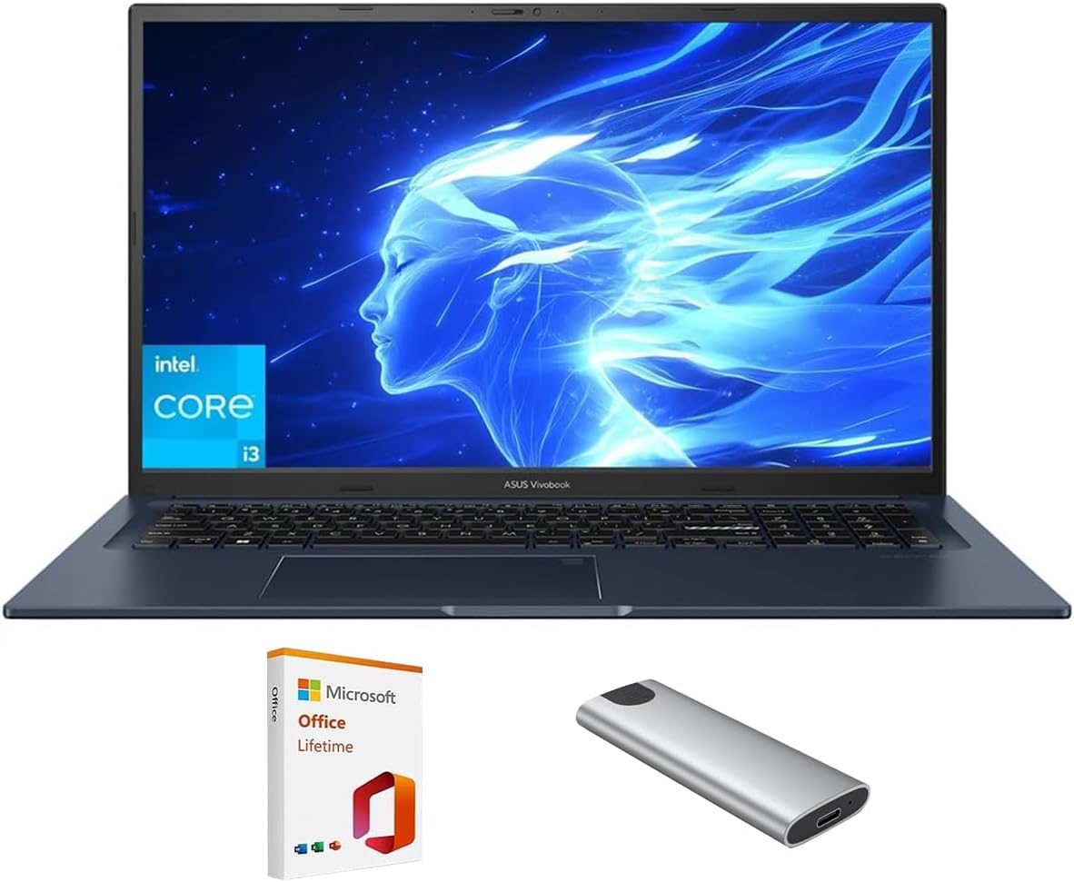 ASUS Vivobook Laptop,17.3" FHD Anti-Glare Display, Core i3-1215U (up to 4.4GHz), 16GB RAM, 1TB SSD + 128GB Portable SSD, WiFi 6E, Webcam, Keypad, Copilot, with 2019 Lifetime Office, Win 11 Home