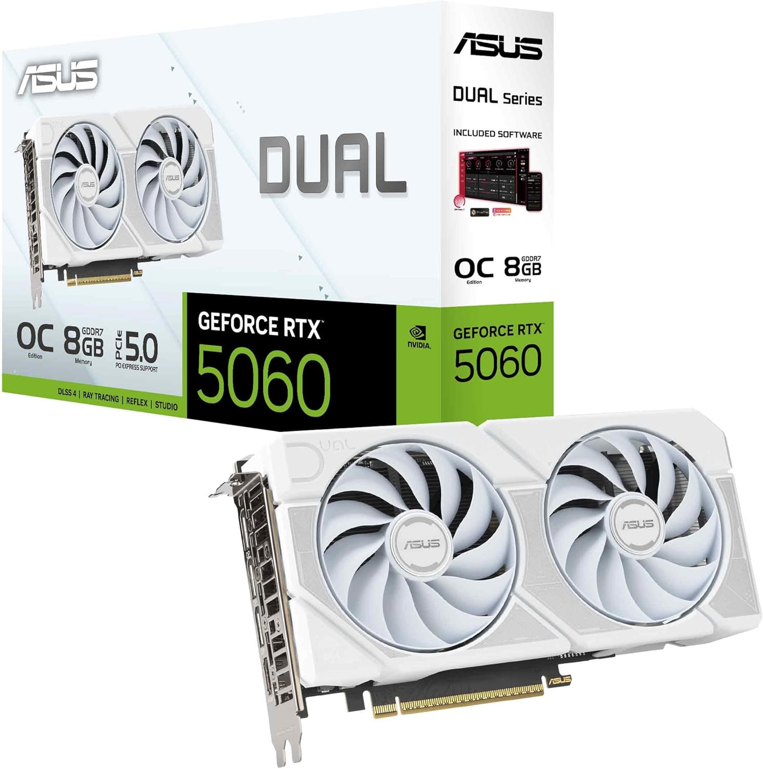 ASUS Dual GeForce RTX™ 5060 8GB GDDR7 White Edition (PCIe 5.0, 8GB GDDR7, DLSS 4, HDMI 2.1b, DisplayPort 2.1b, 2.5-Slot, Axial-tech Fan Design, 0dB Technology, Dual BIOS and More) 