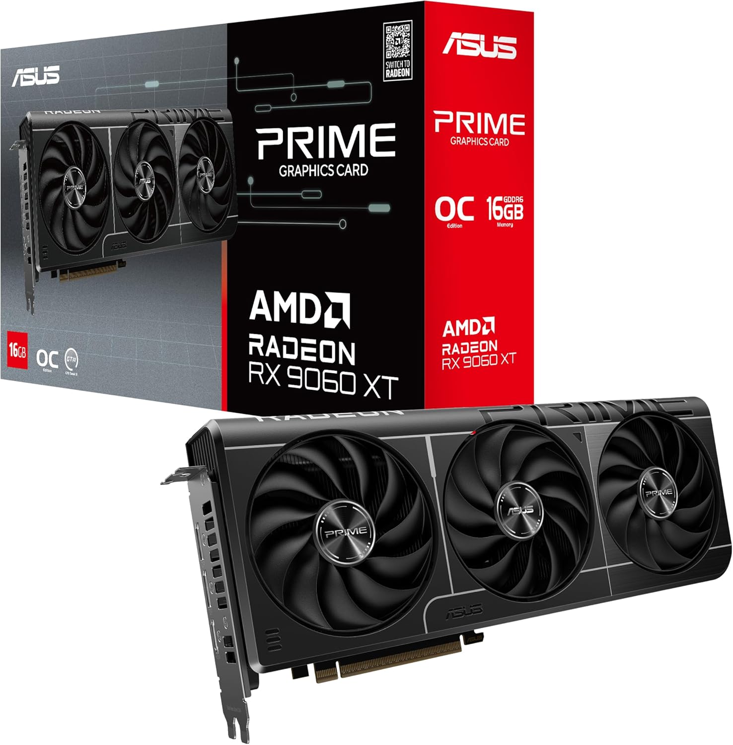 ASUS Prime Radeon™ RX 9060 XT 16GB GDDR6 OC Edition Graphics Card (PCIe 5.0, HDMI/DP 2.1, 2.5-Slot Design, axial-tech Fans, Dual Ball Fan Bearings, Dual BIOS, GPU Guard)