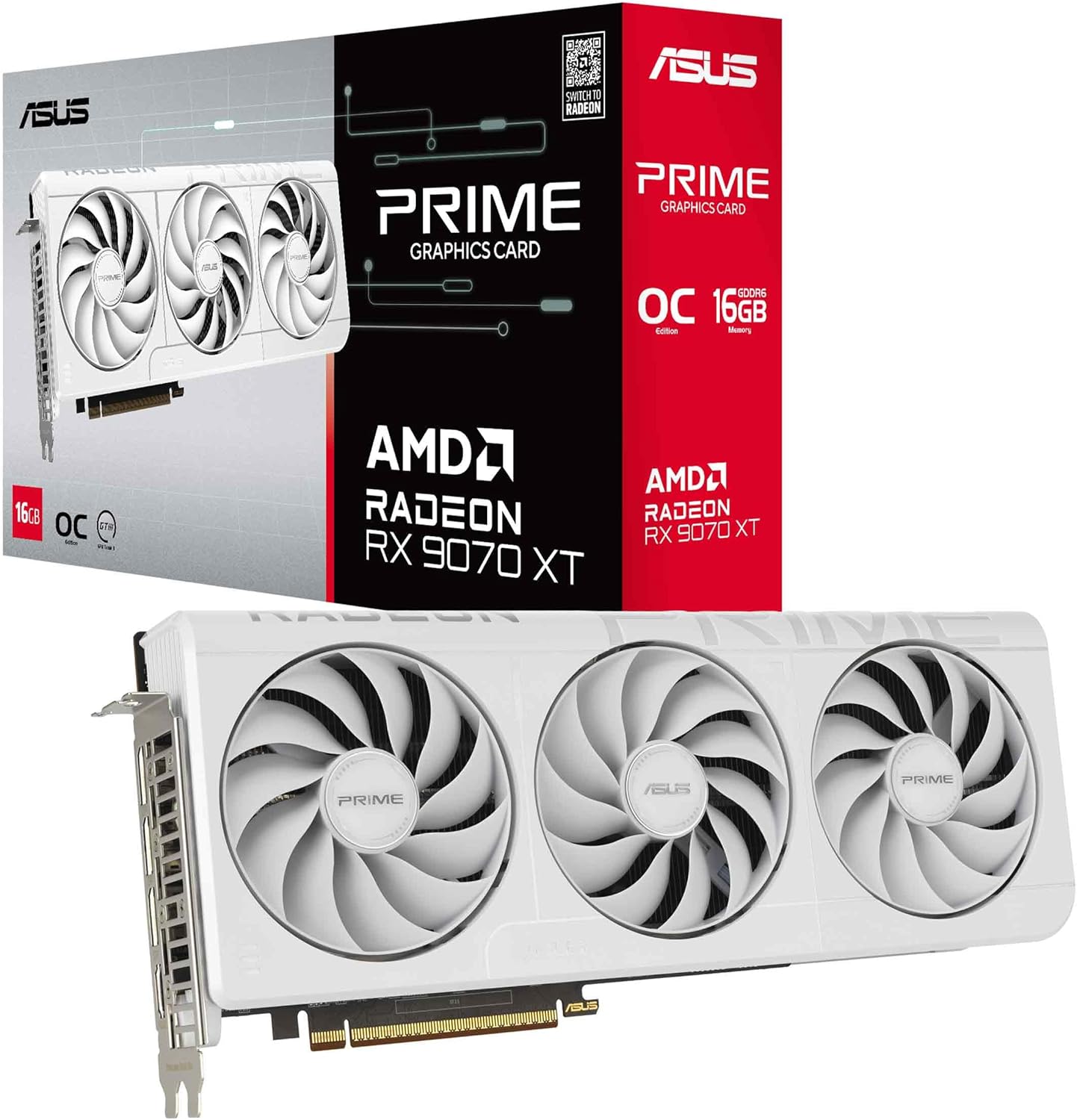 ASUS Prime Radeon™ RX 9070 XT White OC Edition Graphics Card (PCIe 5.0, HDMI/DP 2.1, 2.5-Slot Design, axial-tech Fans, Dual Ball Fan Bearings, Dual BIOS, ASUS GPU Guard) 