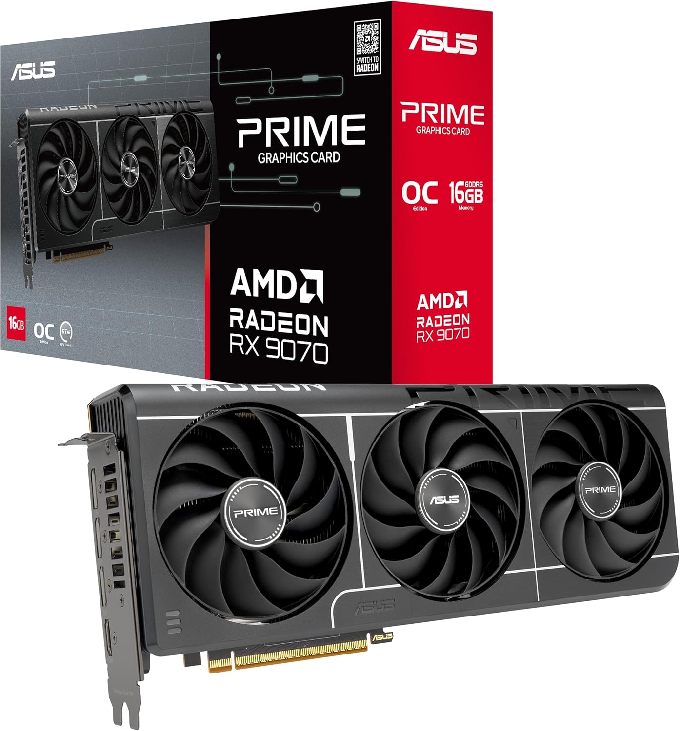ASUS Prime Radeon™ RX 9070 OC Edition Graphics Card (PCIe 5.0, HDMI/DP 2.1, 2.5-Slot Design, axial-tech Fans, Dual Ball Fan Bearings, Dual BIOS, ASUS GPU Guard)