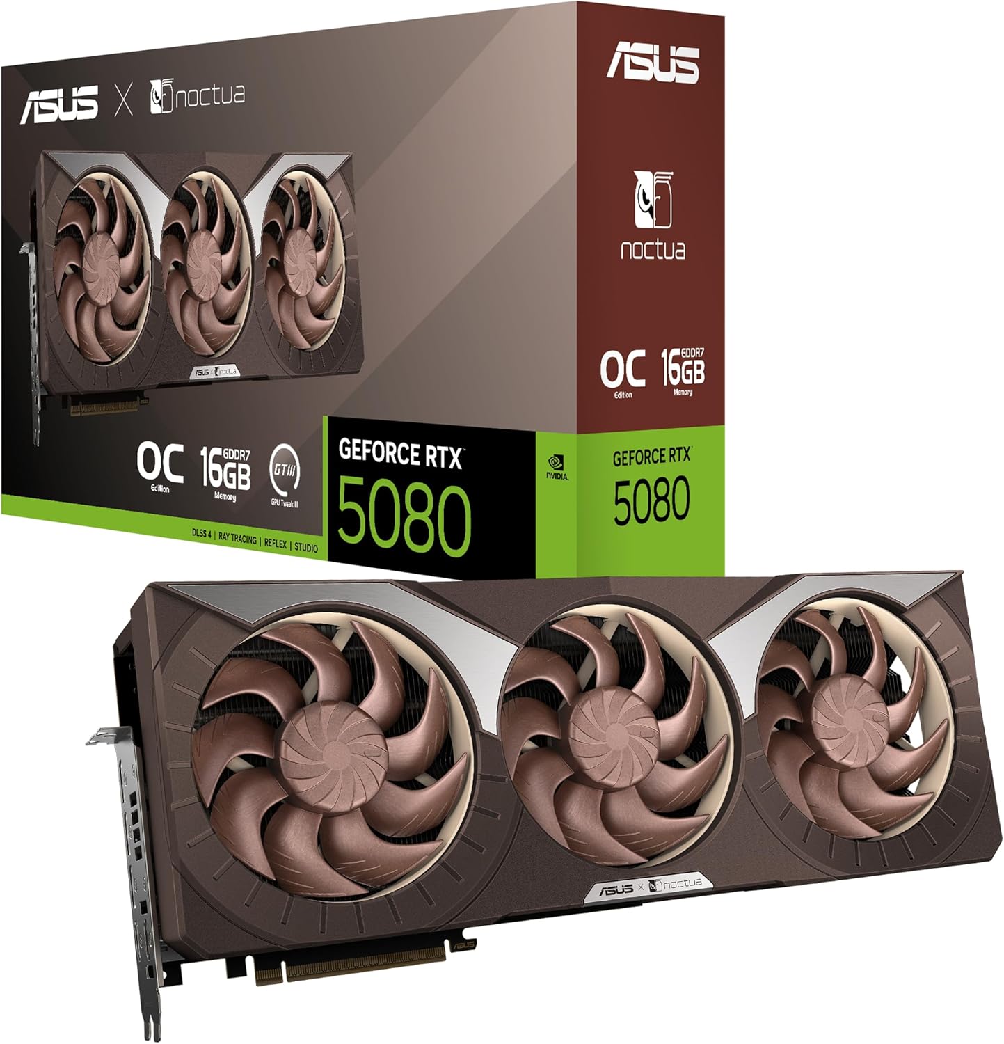 ASUS GeForce RTX 5080 16GB GDDR7 Noctua OC Edition Gaming Graphics Card (Nvidia RTX5080, NVIDIA Blackwell, DLSS 4, PCIe 5.0, 2X HDMI 2.1b, 3X DisplayPort 2.1b, RTX5080-O16G-NOCTUA) 