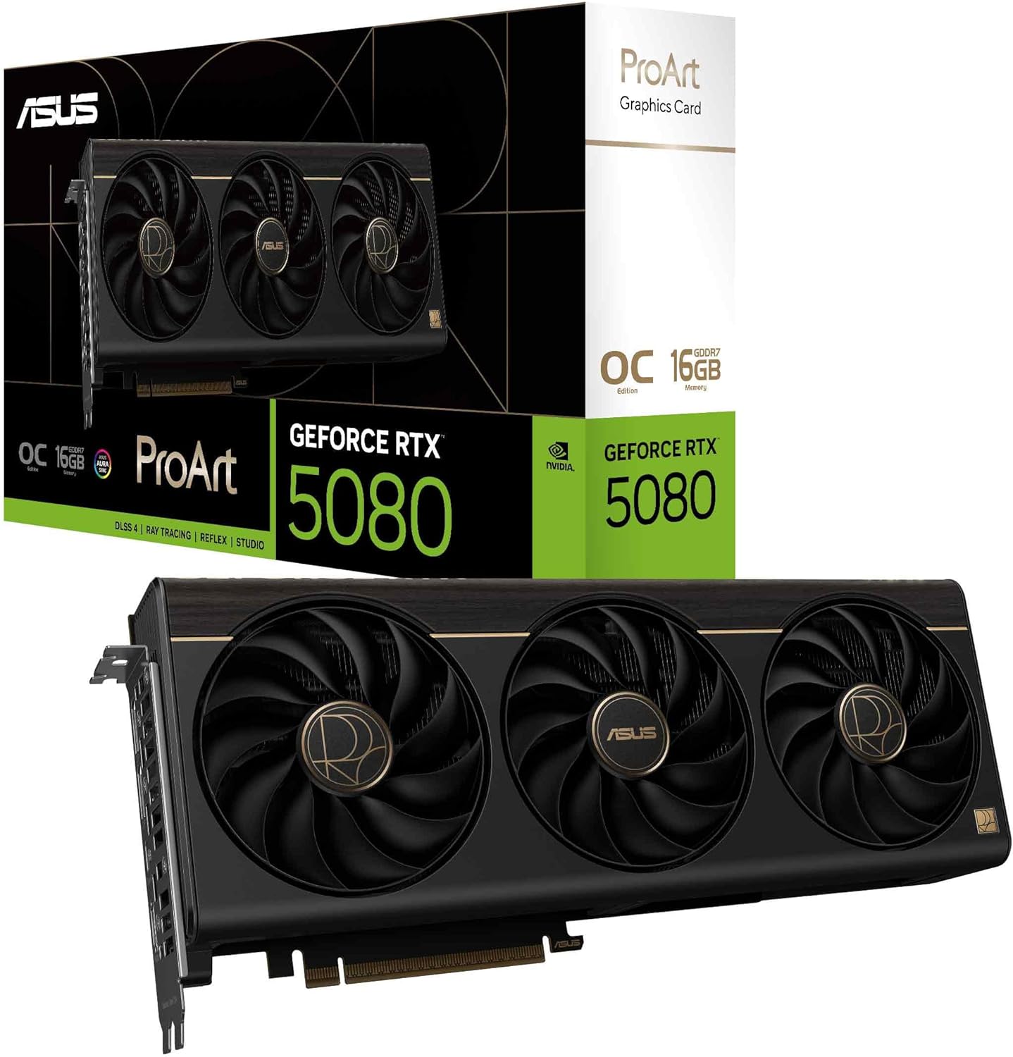 ASUS ProArt GeForce RTX™ 5080 OC Edition Graphics Card (PCIe® 5.0, 16GB GDDR7, USB Type-C®, HDMI®/DP 2.1, 2.5-Slot, Axial-tech Fans, Vapor Chamber, Phase-Change GPU Thermal pad)