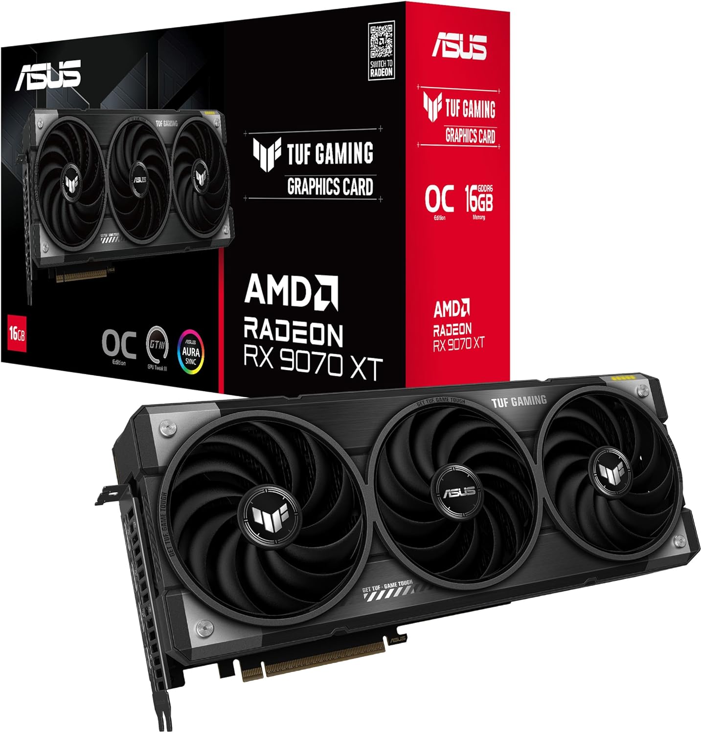 ASUS TUF Gaming Radeon RX 9070 XT OC Edition 16GB Gaming Graphics Card (16GB GDDR6, PCIe 5.0, HDMI, DisplayPort 2.1, 3.125 Slot, Axial Fans, PCB Protective Coating)