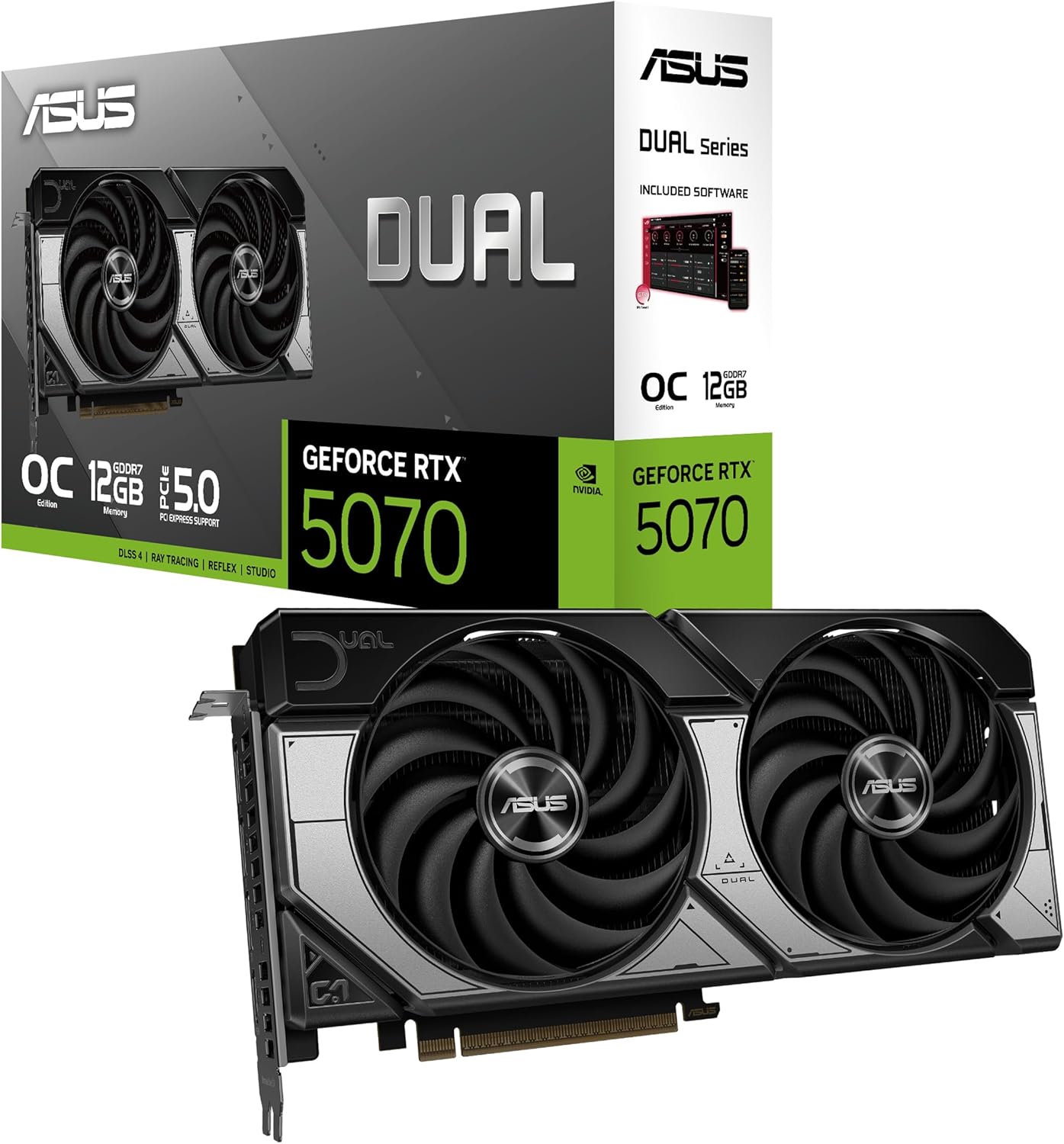 ASUS Dual GeForce RTX 5070 12GB GDDR7 OC Edition Gaming Graphics Card (NVIDIA Blackwell Architecture and DLSS 4, 2.5 Slot Design, SSF, PCIe 5.0, 3X DisplayPort 2.1b, 1x HDMI 2.1b, PRIME-RTX5070-O12G)
