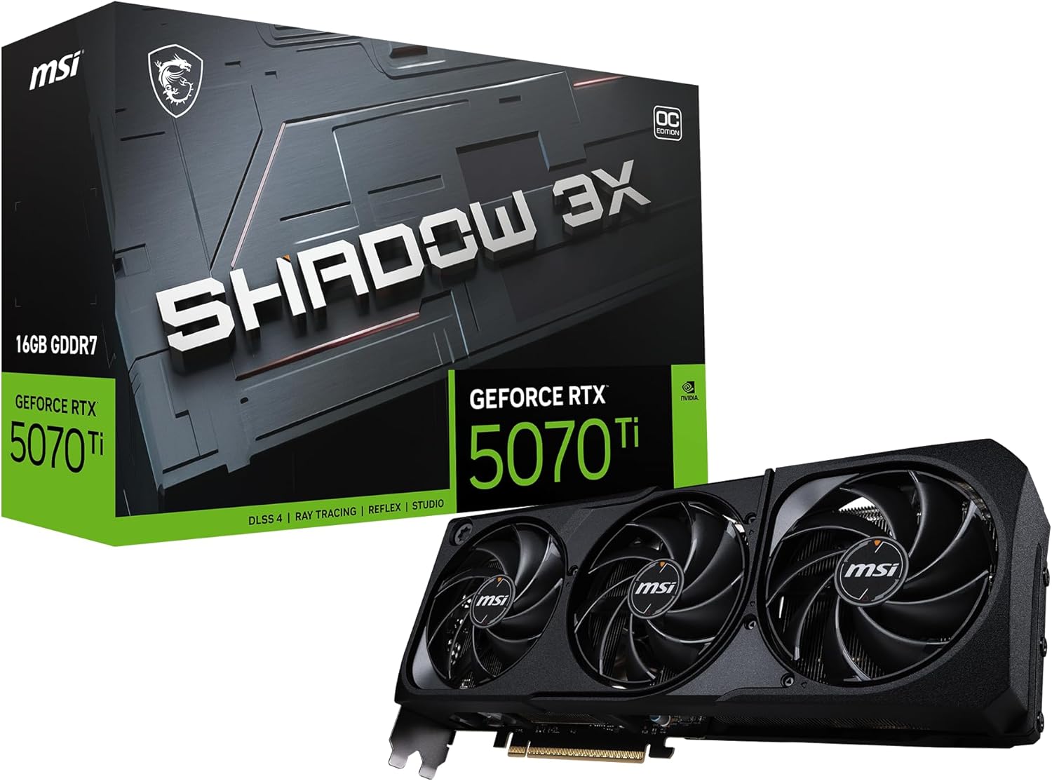 MSI Gaming RTX 5070 TI 16G Shadow 3X OC Graphics Card (16GB GDDR7, 256-bit, Extreme Performance: 2497 MHz, DisplayPort x3 2.1a, HDMI 2.1b, NVIDIA Blackwell Architecture) 