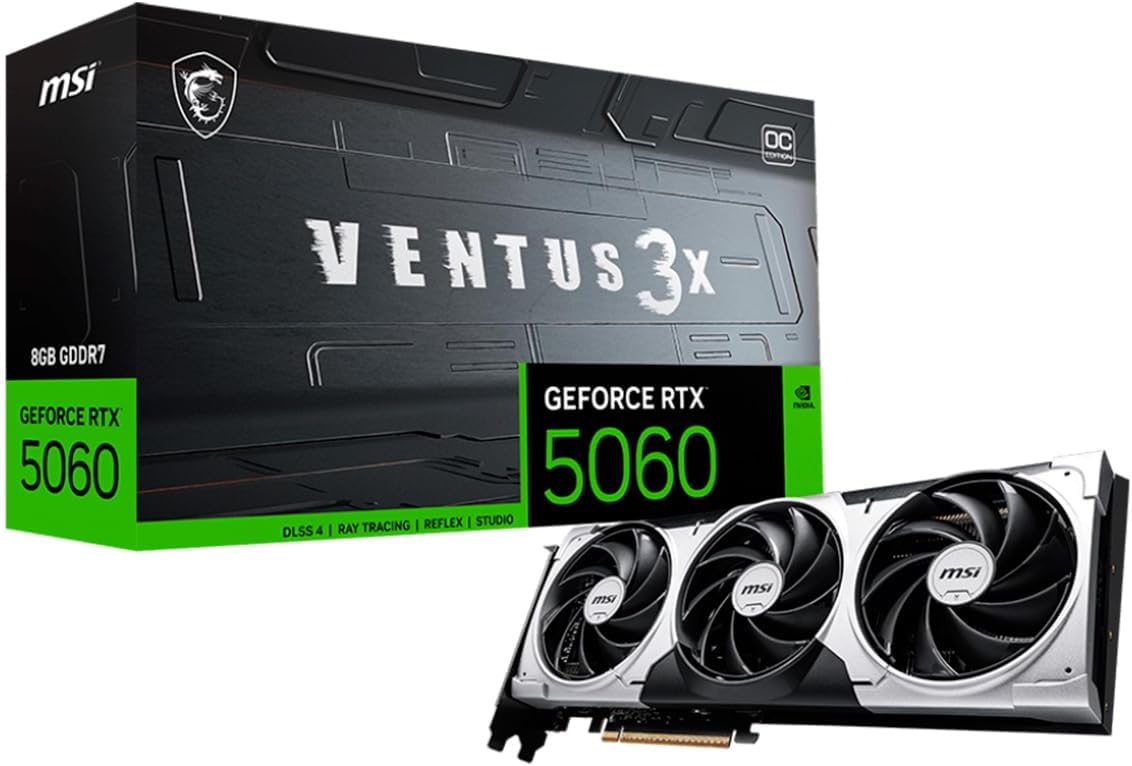 MSI Gaming RTX 5060 8G Ventus 3X OC Graphics Card (8GB GDDR7,128-bit, Extreme Performance: 2550 MHz, DisplayPort x3 2.1a, HDMI 2.1b, NVIDIA Blackwell Architecture) 