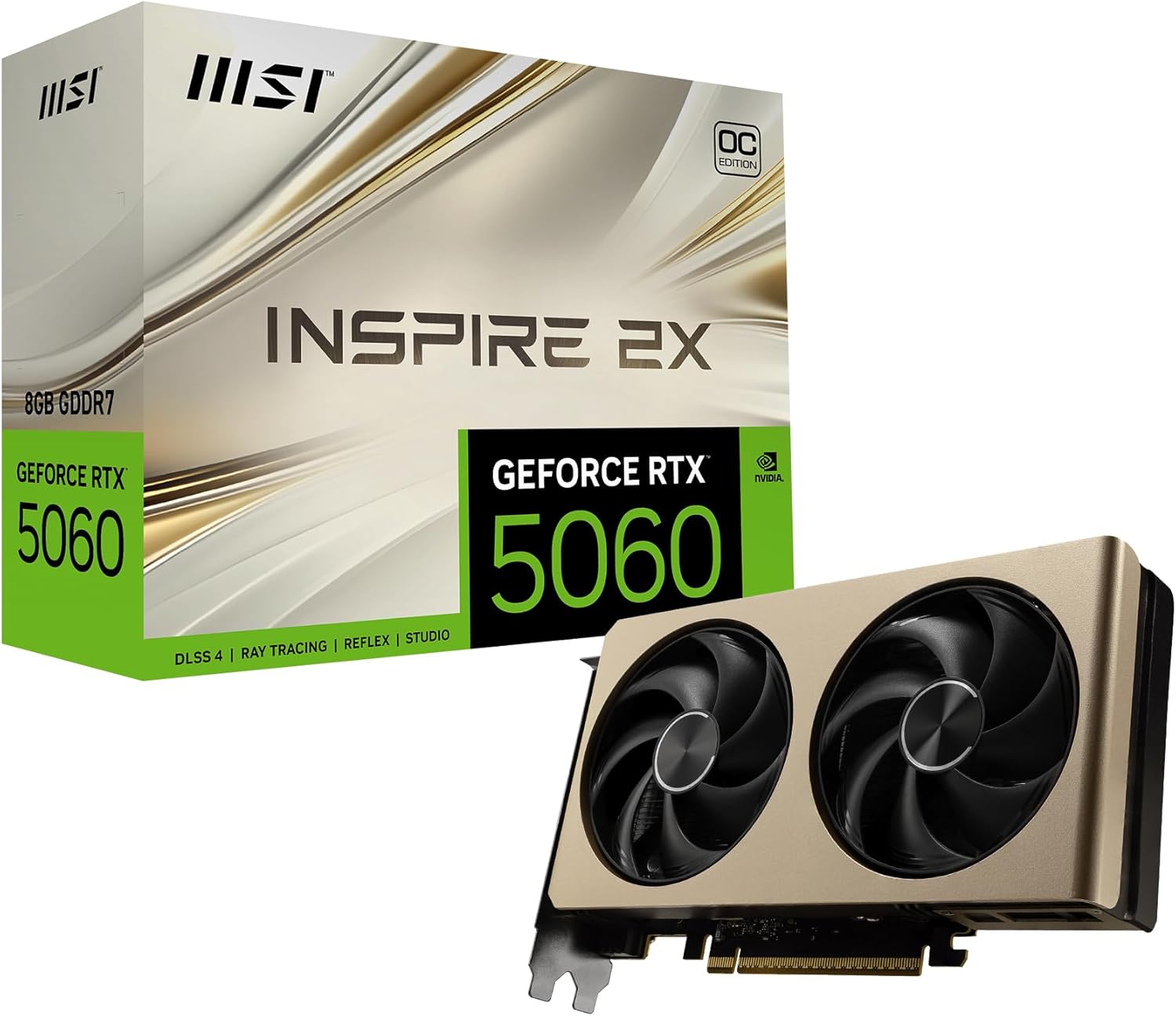 MSI Gaming RTX 5060 8G Inspire 2X OC Graphics Card (8GB GDDR7,128-bit, Extreme Performance: 2550 MHz, DisplayPort x3 2.1a, HDMI 2.1b, NVIDIA Blackwell Architecture)