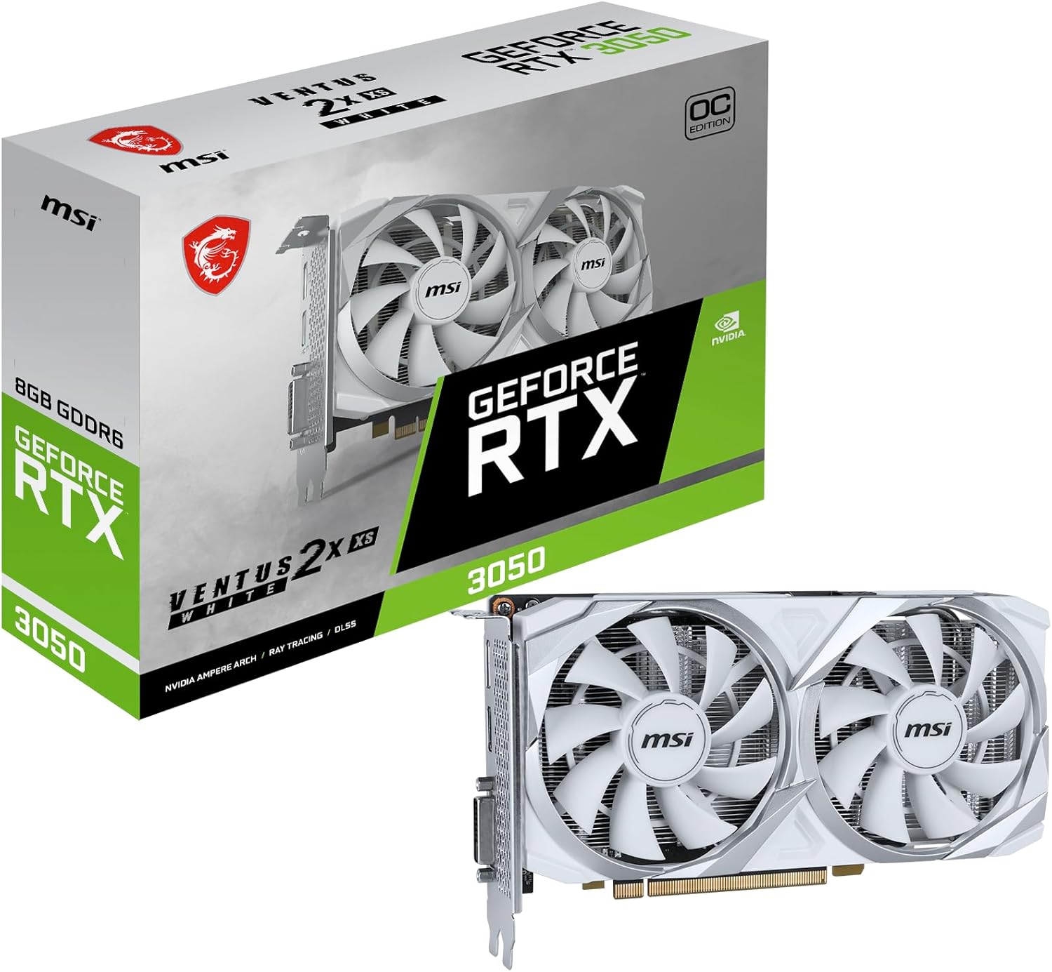 MSI GeForce RTX 3050 Ventus 2X XS White 8G OC Gaming Graphics Card - 8GB GDDR6, 1807 MHz, PCI Express Gen 4, 128-bit, 1x DP (v1.4a), 1x HDMI 2.1 (Supports 4K) 