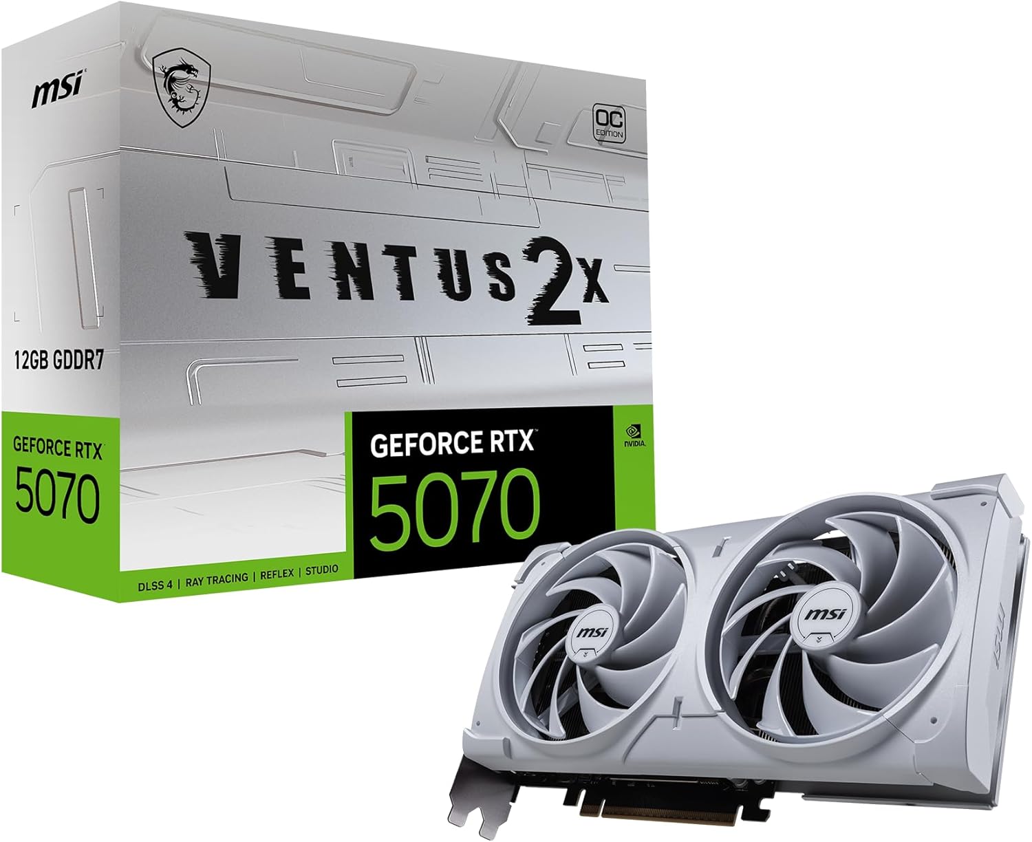MSI Gaming RTX 5070 12G Ventus 2X OC White Graphics Card (12GB GDDR7, 192-bit, Extreme Performance: 2557 MHz, DisplayPort x3 2.1a, HDMI 2.1b, NVIDIA Blackwell Architecture) 