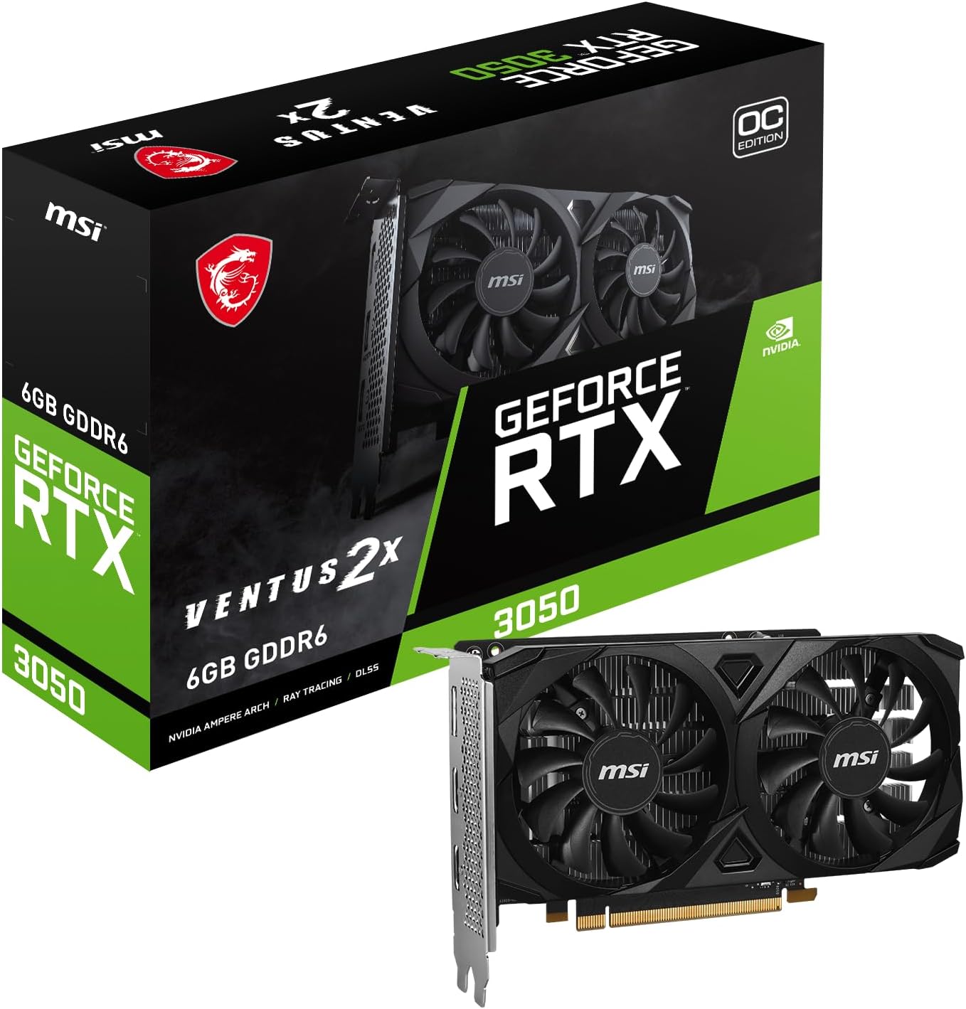 MSI GeForce RTX 3050 Ventus 2X E 6G OC Gaming Graphics Card - 6GB GDDR6, 1492 MHz, PCI Express Gen 4, 96-bit, 1x DP (v1.4a), 2X HDMI 2.1 (Supports 4K) 