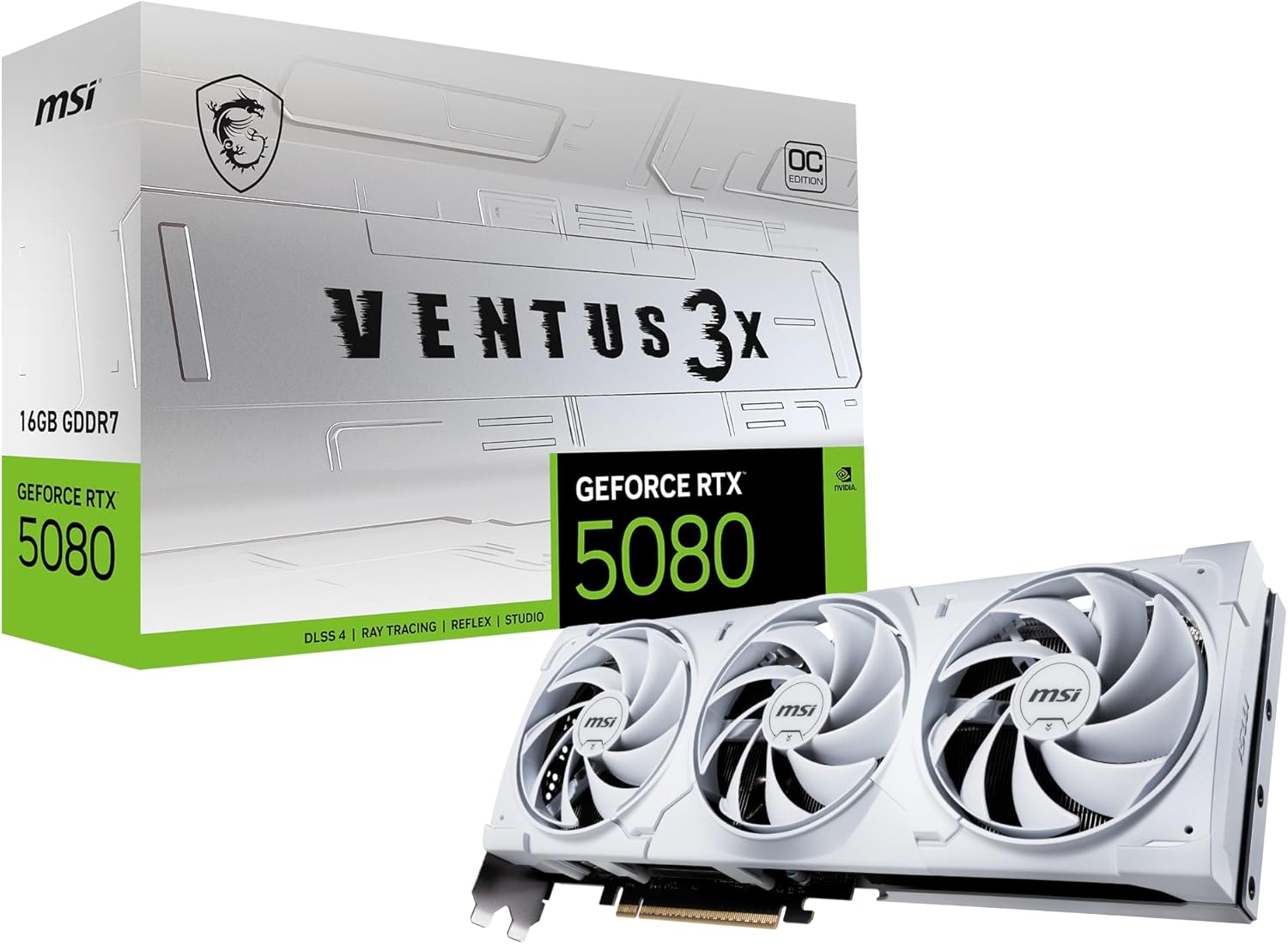 MSI Gaming RTX 5080 16G Ventus 3X OC White Graphics Card (16GB GDDR7, 256-bit, Extreme Clock TBD MHz, DisplayPort x 3 2.1a, HDMI 2.1b, NVIDIA Blackwell Architecture)
