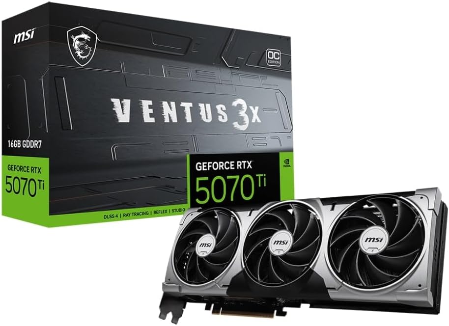 MSI GeForce RTX 5070 Ti 16G Ventus 3X OC Graphics Card - RTX 5070 Ti GPU, 16GB GDDR7 (28Gbps/256-bit), PCIe 5.0 - Triple Fan Thermal Design (3 x TORX Fan 5.0) - HDMI 2.1b, DisplayPort 2.1b