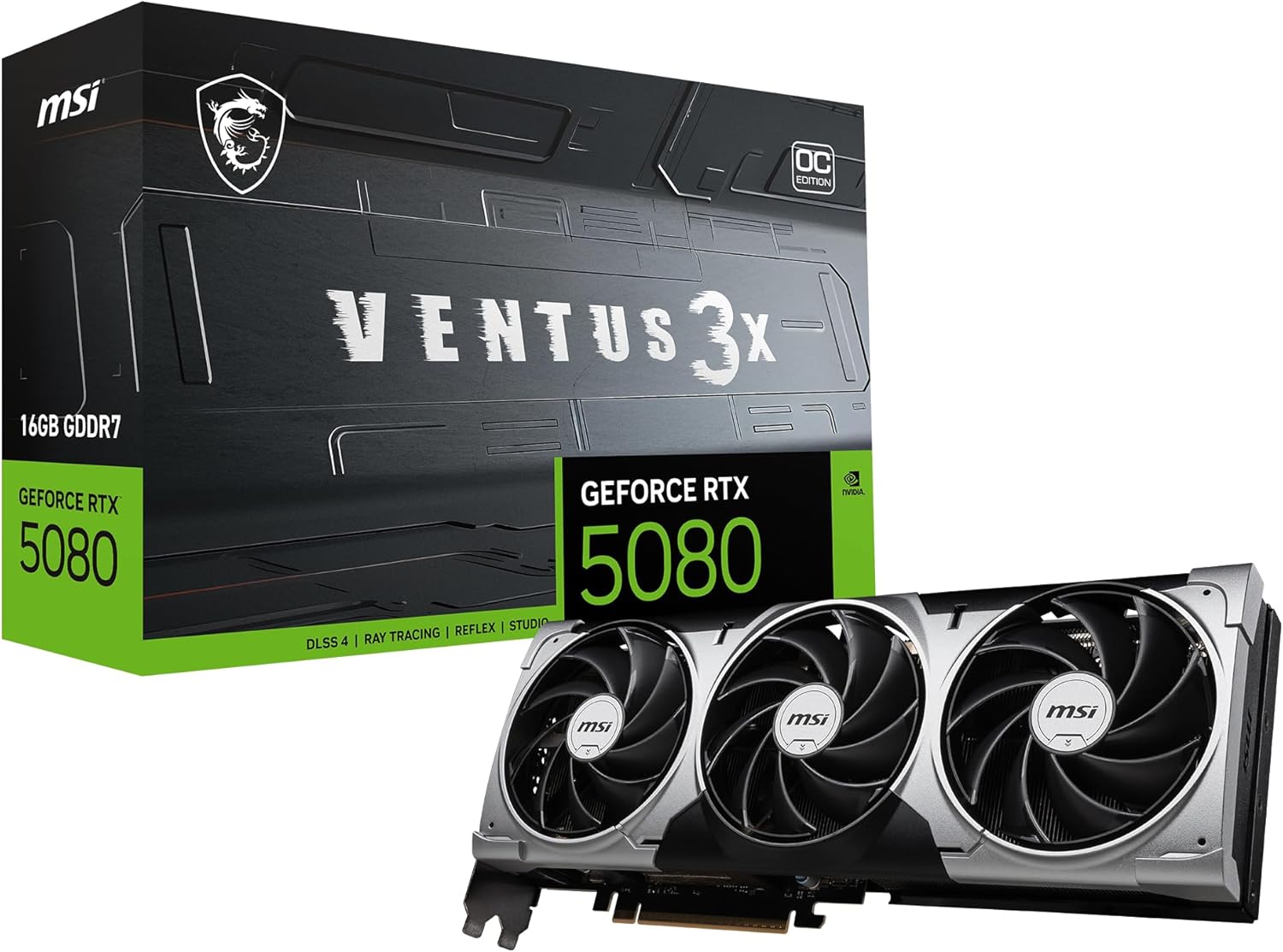 MSI Gaming RTX 5080 16G Ventus 3X OC Graphics Card (16GB GDDR7, 256-bit, Extreme Performance: 2655 MHz, DisplayPort x3 2.1a, HDMI 2.1b, NVIDIA Blackwell Architecture) 