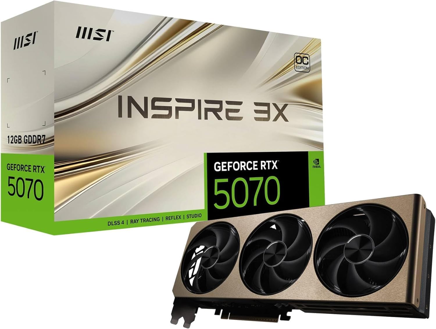 MSI GeForce RTX 5070 12G Inspire 3X OC Graphics Card - RTX 5070 GPU, 12GB GDDR7 (28Gbps/192-bit), PCIe 5.0 - Triple Fan Thermal Design (3 x STORMFORCE Fan) - HDMI 2.1b, DisplayPort 2.1b 