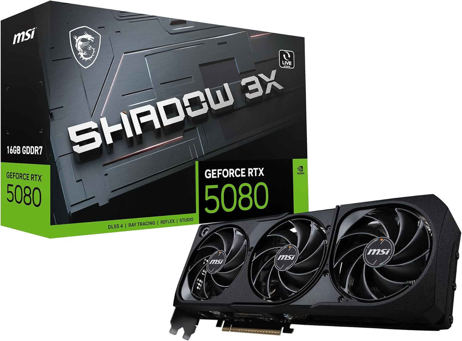 MSI Gaming RTX 5080 16G Shadow 3X Graphics Card (16GB GDDR7,256-bit, Extreme Performance: 2625 MHz, DisplayPort x3 2.1a, HDMI 2.1b, NVIDIA Blackwell Architecture)