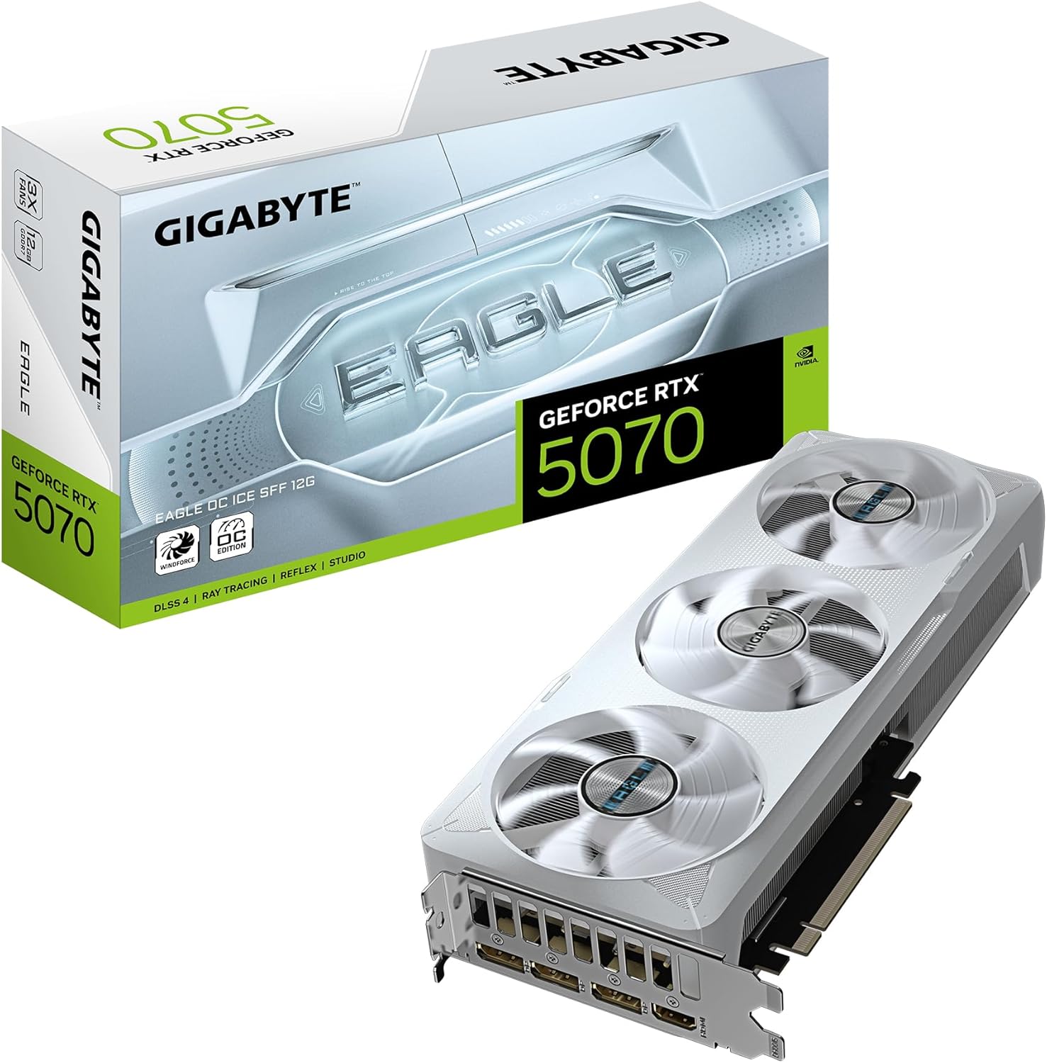 GIGABYTE GeForce RTX 5070 Eagle OC Ice SFF 12G Graphics Card - 12GB GDDR7, 192 Bits, PCI-E 5.0, 2587 MHz Core Clock, 3 x DP 2.1a, 1 x HDMI 2.1b, NVIDIA DLSS 4, GV-N5070EAGLEOC ICE-12GD