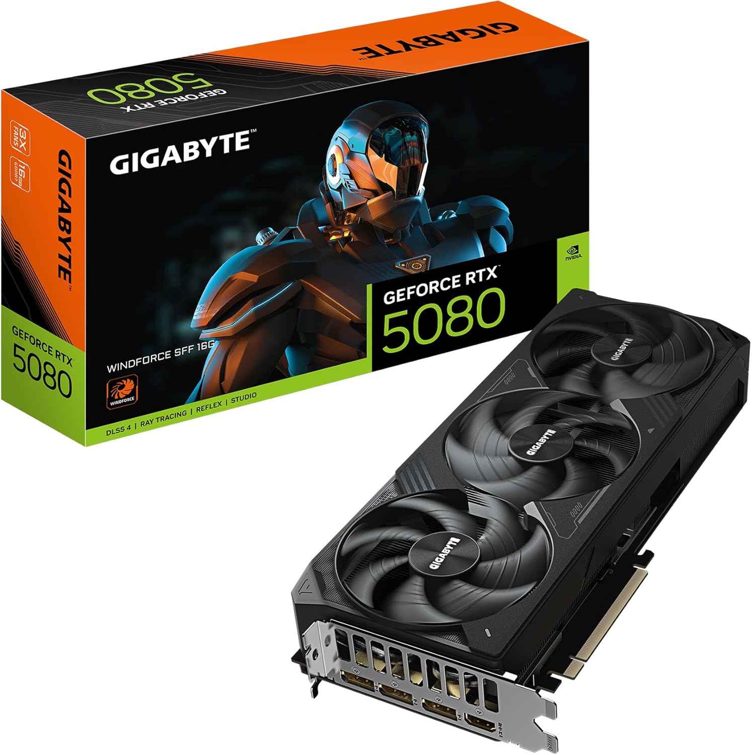 GIGABYTE GeForce RTX 5080 WINDFORCE SFF 16G Graphics Card, 16GB 256-bit GDDR7, PCIe 5.0, WINDFORCE Cooling System, GV-N5080WF3-16GD Video Card