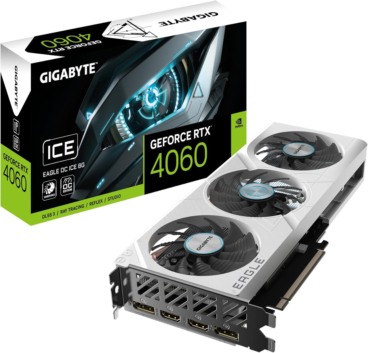 Gigabyte GeForce RTX 4060 Eagle OC ICE 8G Graphics Card - 8GB GDDR6, 128bit, PCI-E 4.0, 2505MHz Core Clock, 2 x DisplayPort 1.4a, 2 x HDMI 2.1a, NVIDIA DLSS 3, GV-N4060EAGLEOC ICE-8GD 